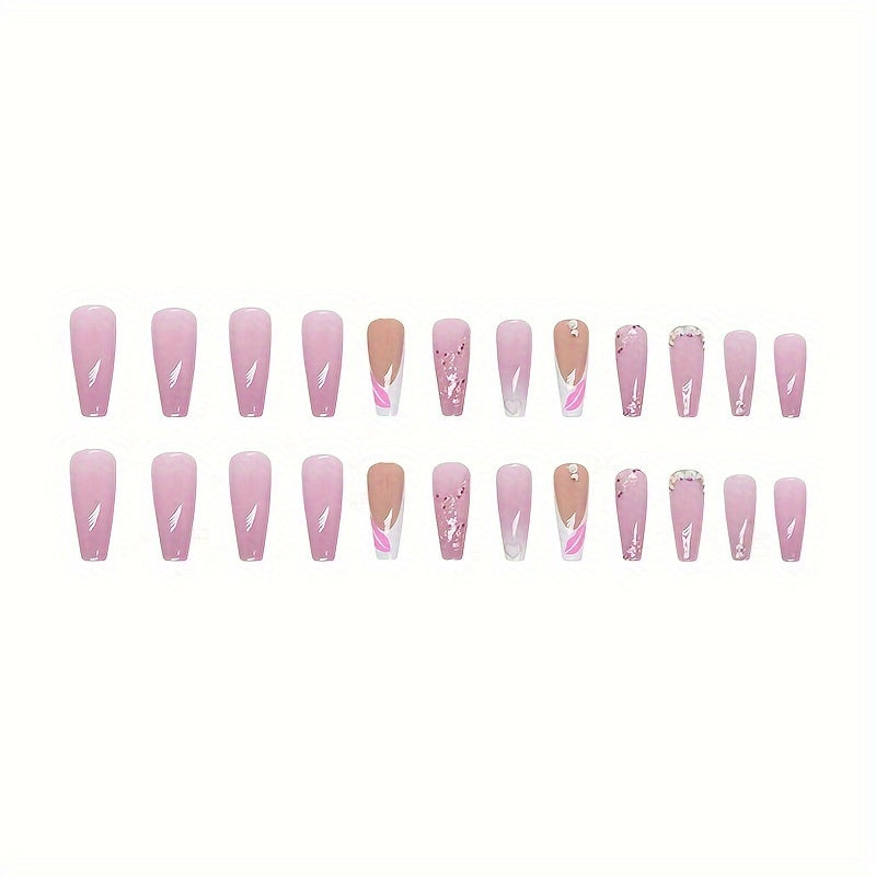 24pcs Long Coffin Press-On Nails Set, Ballet Shape, French Red Lip Sparkle, Versatile Pink Tones, with Nail File, Jelly Glue, and Nail Remover Stick, Love & Rhinestone Design, Beauty Personal Care
